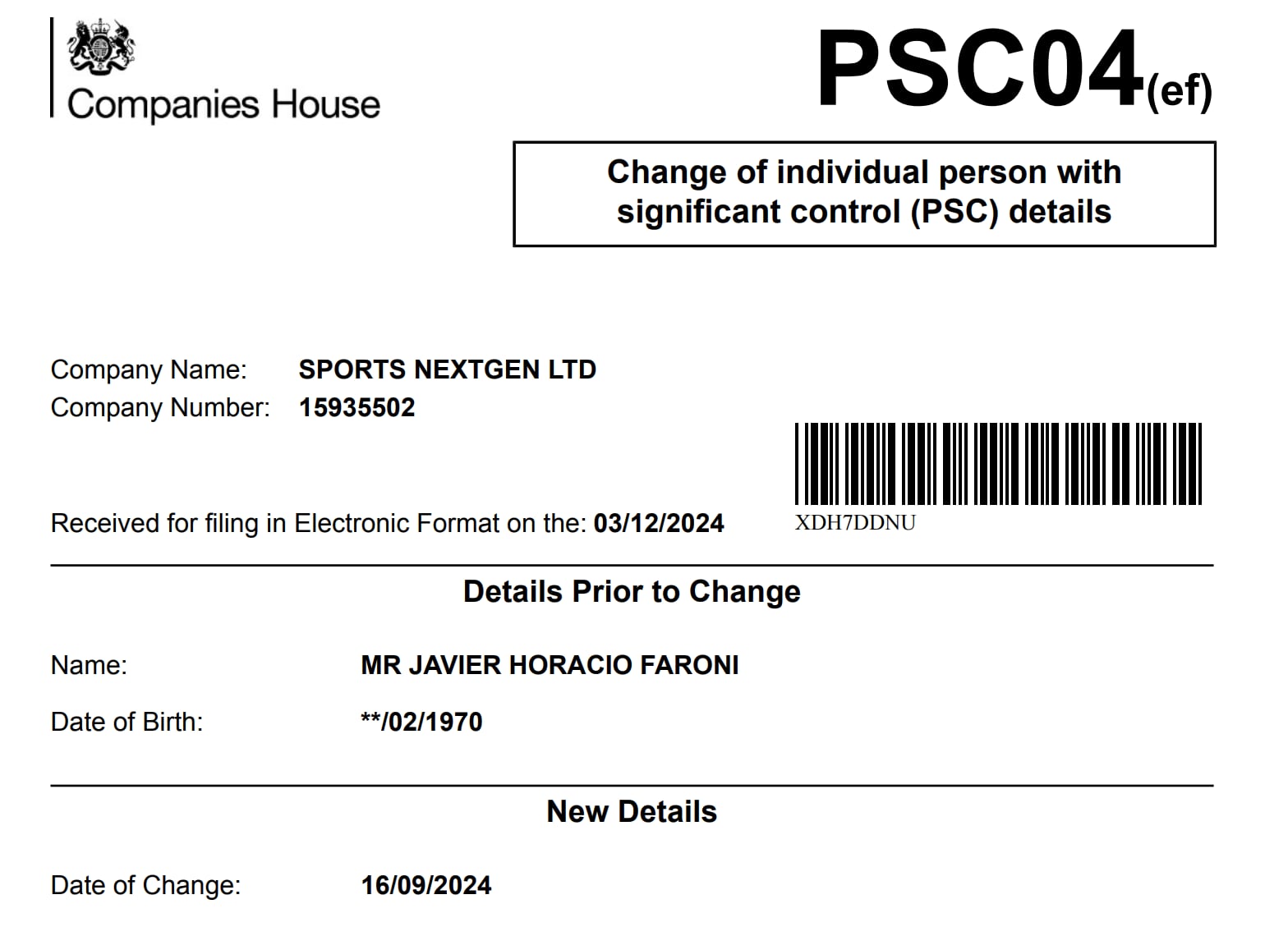 Javier Faroni aparece desde la creación de Sports Nextgen, con sede en Londres