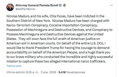 Pam Bondi, fiscal general de EE.UU., Pam Bondi, afirmó que Maduro y Flores “pronto enfrentarán la ira de la justicia estadounidense en suelo estadounidense y en tribunales estadounidenses”