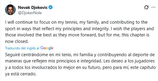 El posteo de Djokovic en X. (Foto: Captura X)