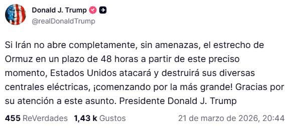 Trump amenaza a Irán con destruir sus centrales eléctrica en el caso de que no reabran el estrecho de Orrmuz en las próximas 48 horas
