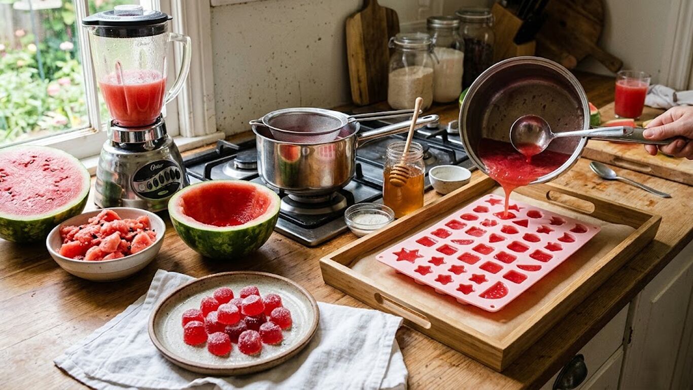 Las gomitas de sandía son furor y se pueden preparar en casa con tres ingredientes. (Imagen ilustrativa generada con IA)
