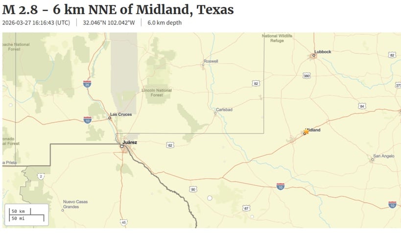 Un informe técnico detalló un sismo de magnitud 2.8 ocurrido cerca de Midland, Texas