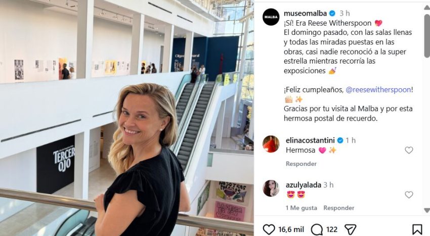 Reese Witherspoon en Argentina: el Malba compartió una foto de su paso por el museo donde nadie la reconoció