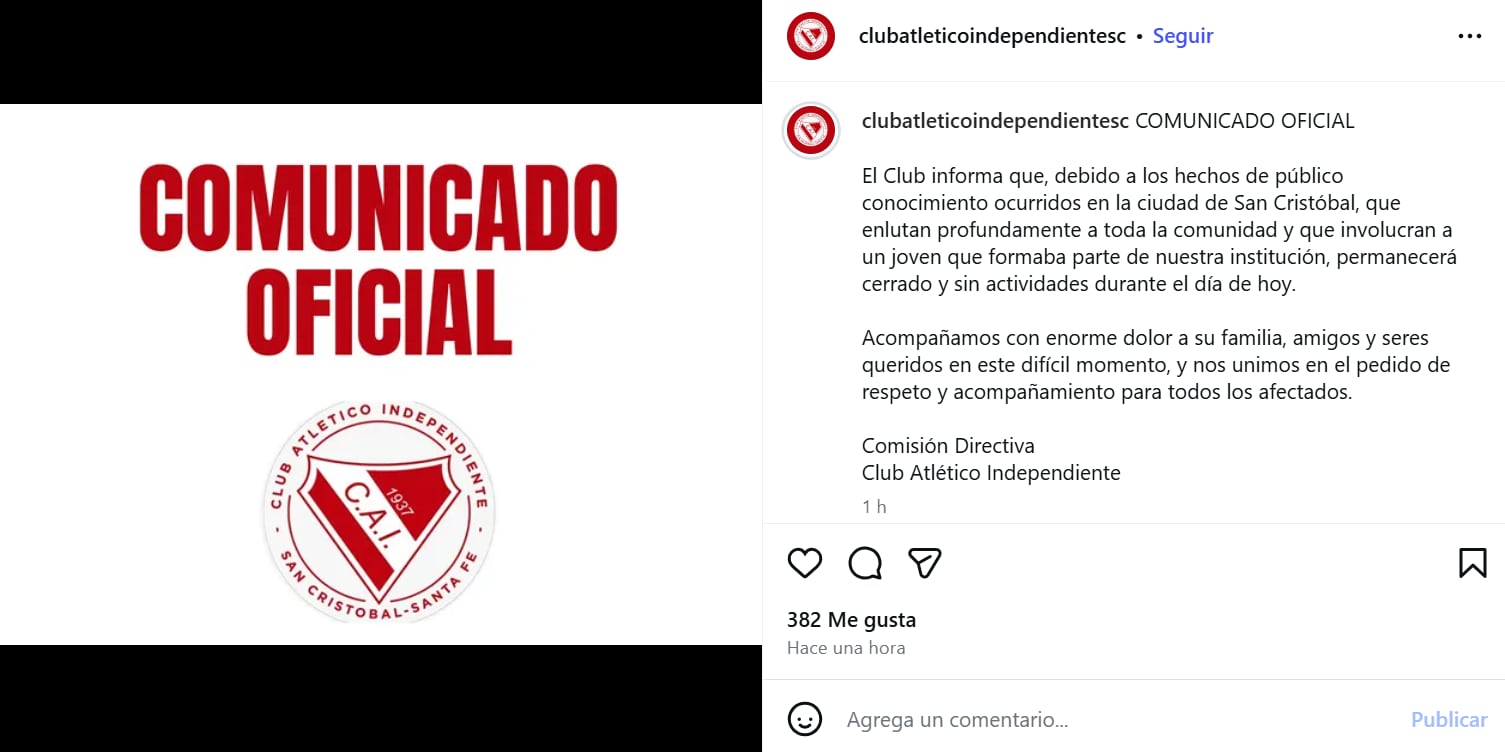 El comunicado del club al que asistía la víctima. (Foto: Instagram clubatleticoindependientesc)