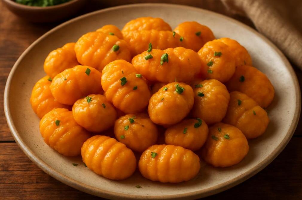 Los ñoquis de calabaza con 200 gramos de harina son una excelente opción para cada 29 y cualquier otra ocasión: livianos, sabrosos y muy nutritivos. (Foto generada con IA Gemini)