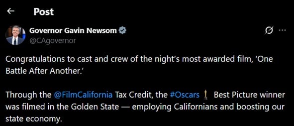 Gavin Newsom destaca la participación del estado en la película ganadora del Oscar