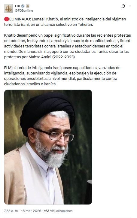 Israel afirmó habr matado al ministro de Inteligencia de Irán, Esmaeil Khatib. (Foto: captura de X).