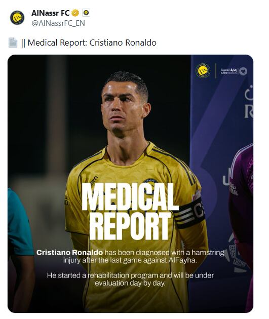 Cristiano Ronaldo sufrió una lesión más grave de lo pensado (Foto: X @AlNassrFC_EN)
