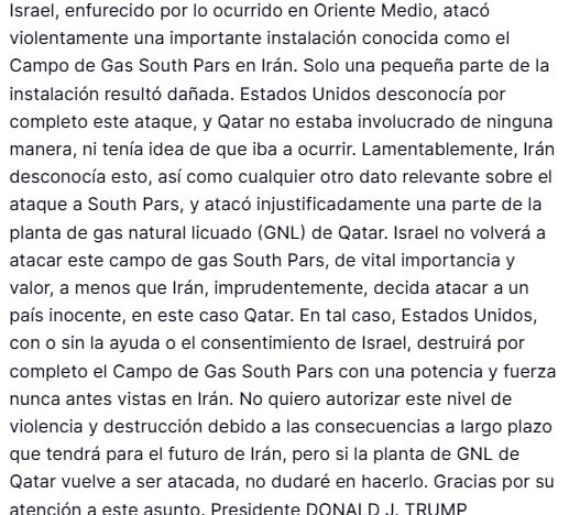 Donald Trump amenazó con “destruir por completo” una importante instalación iraní si vuelve a arremeter contra Qatar