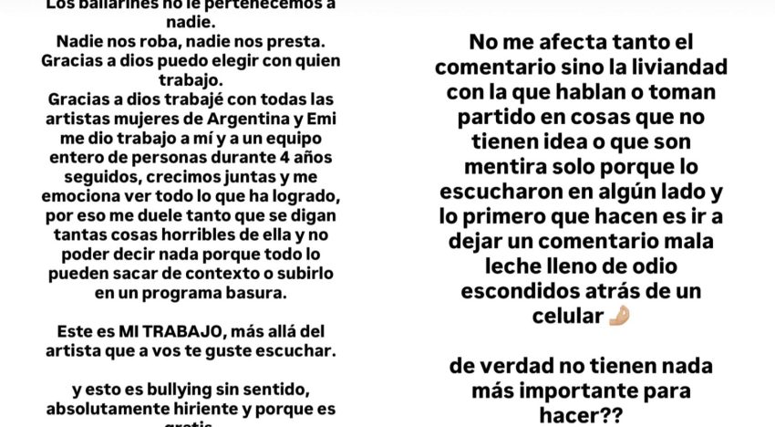 Matías Napp y el equipo de bailarines de Emilia Mernes apoyaron a la cantante: “No le pertenecemos a nadie”