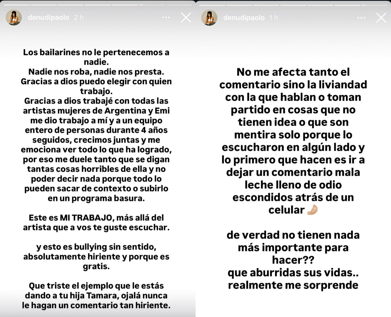 El descargo de la bailarina de Emilia Mernes. (Foto: Instagram/denudipaolo)