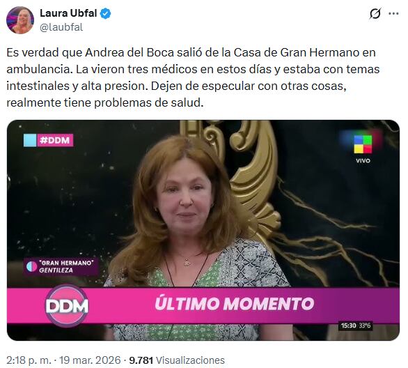 El tuit de Laura Ubfal que alertó a todos sobre el mal momento de Andrea del Boca