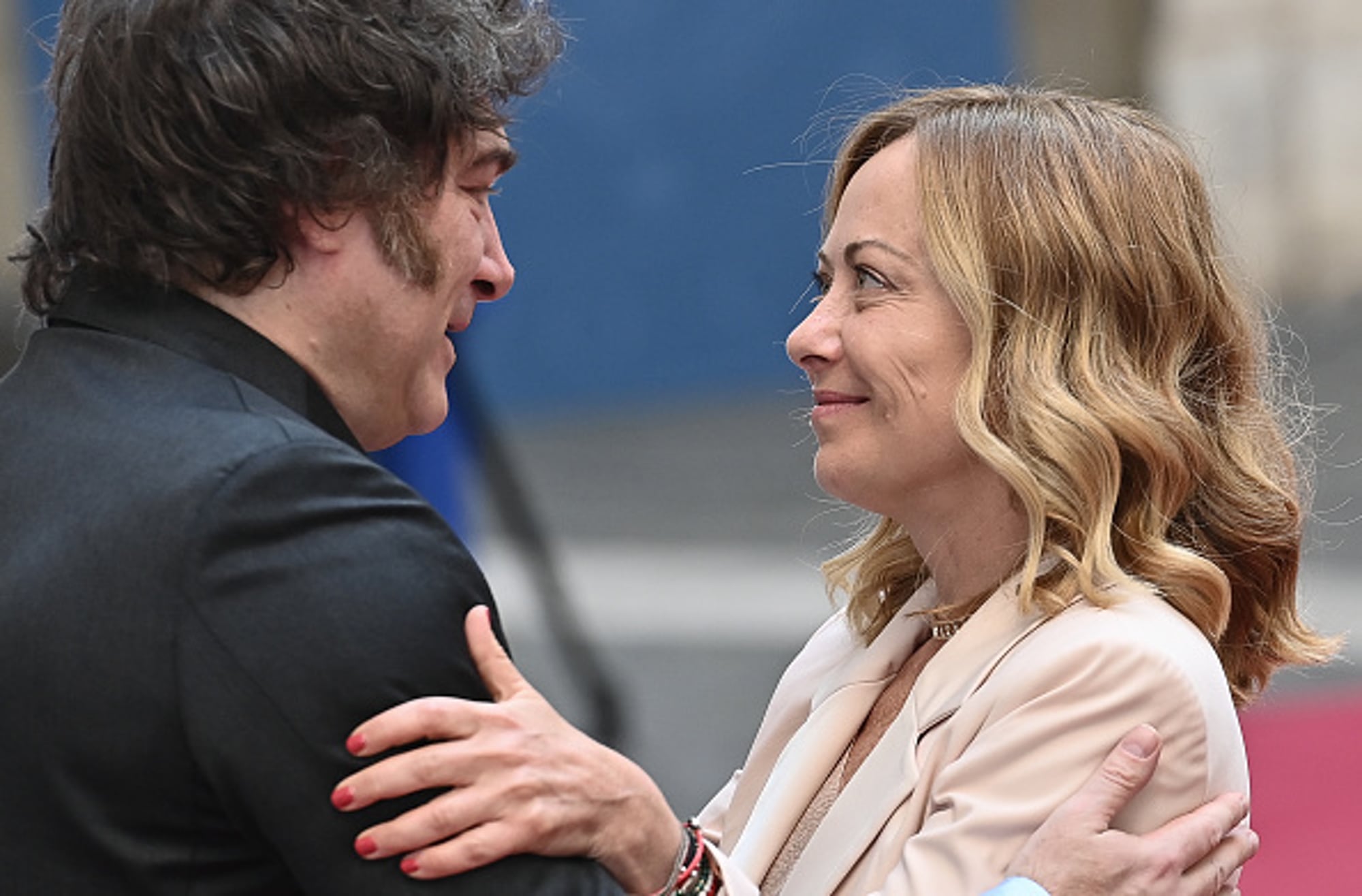ROME, ITALY - JUNE 6: Italy's Prime Minister Giorgia Meloni (R) meets with Argentine President Javier Milei (L) at Chigi palace in Rome, Italy on June 6, 2025. (Photo by /Anadolu via Getty Images)