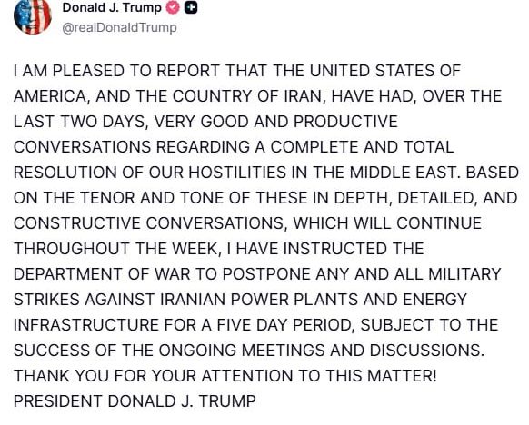 Trump pospuso los ataques contra plantas eléctricas iraníes tras supuestas “conversaciones productivas” con el régimen