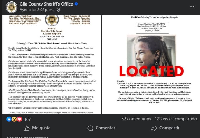 La Oficina del Sheriff del Condado de Gila anunció el hallazgo de la mujer que ahora tiene 44 años, en Arizona