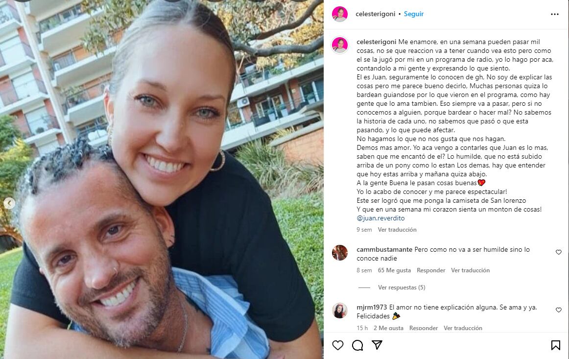 El posteo en el que Celeste Rigoni le declaró su amor a Juan Reverdito. (Foto: Instagram / celesterigoni)