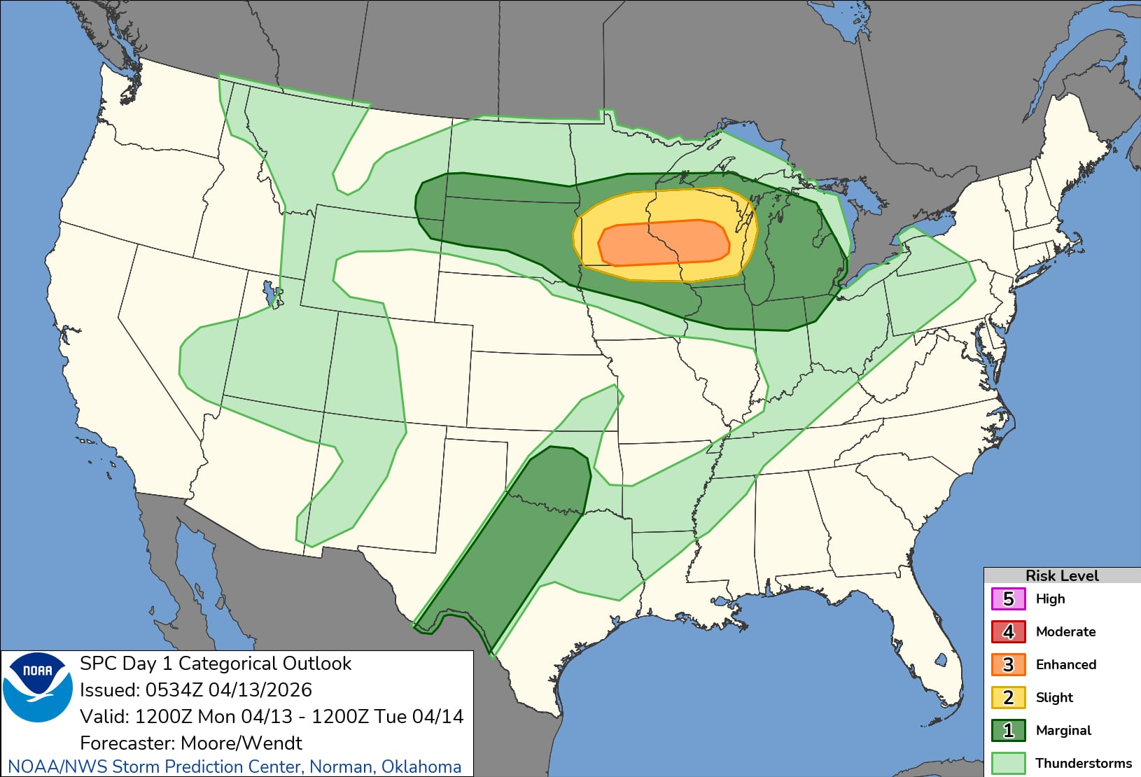 El Centro de Predicción de Tormentas (SPC) ha identificado condiciones atmosféricas propicias para la formación de tornados