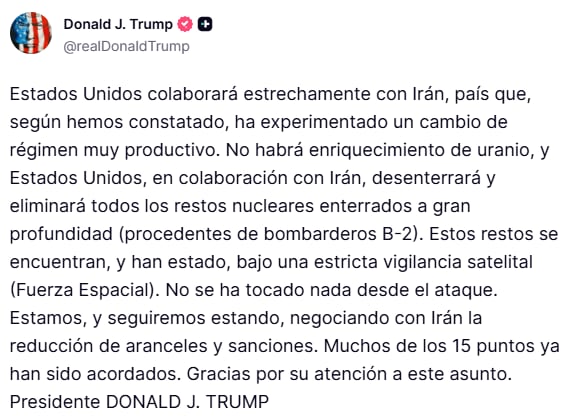 El posteo de Donlad Trump tras el acuerdo con Irán