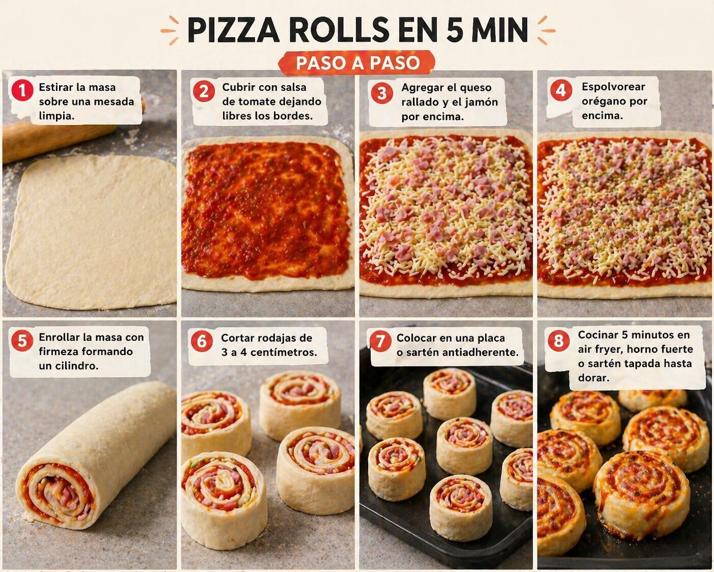 Imagen ilustrativa de cómo deberían verse tus rolls en cada paso. (Foto generada con IA)