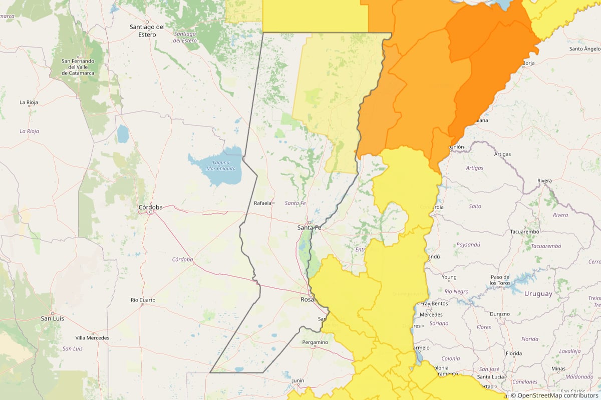 Zona de la provincia de Santa Fe alcanzada por el alerta que emitió el Servicio Metereológico Nacional. (Foto: TN)