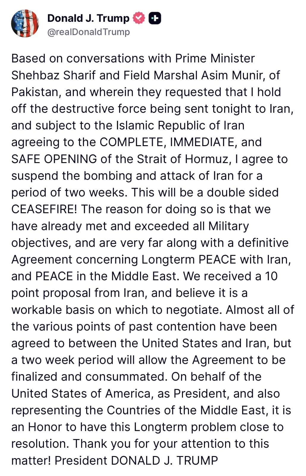 Donald Trump anunció que suspenderá por dos semanas un posible bombardeo en Irán