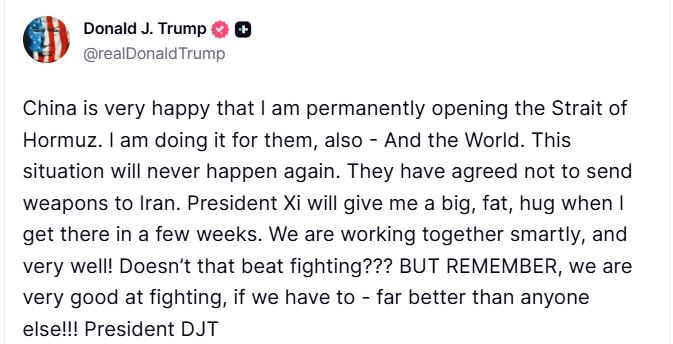 El posteo de Trump sobre China  en su red Truth Social. (Foto: captura).