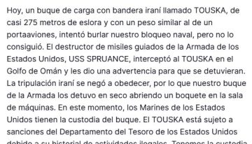 Estados Unidos atacó un carguero iraní cuando “intentó pasar el bloqueo” de la Armada en el estrecho de Ormuz