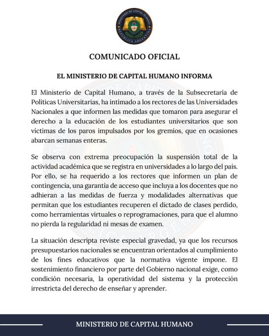 El ministerio de Capital Humano intimó a los rectores de las universidades nacionales