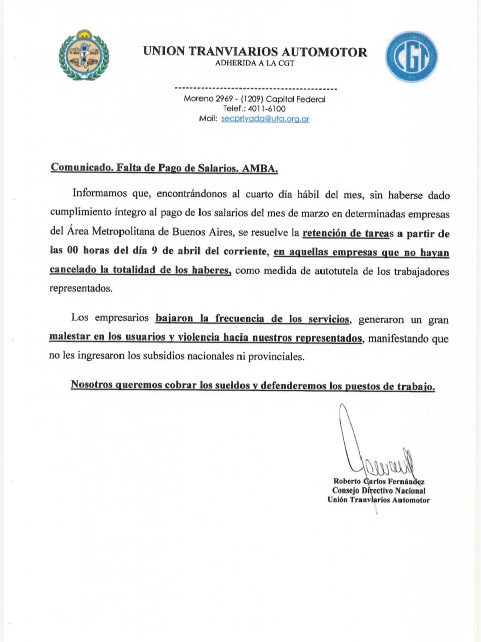 El comunicado de la UTA