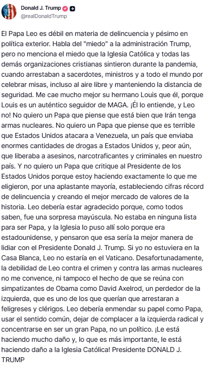 El mensaje de Trump contra el papa León XIV