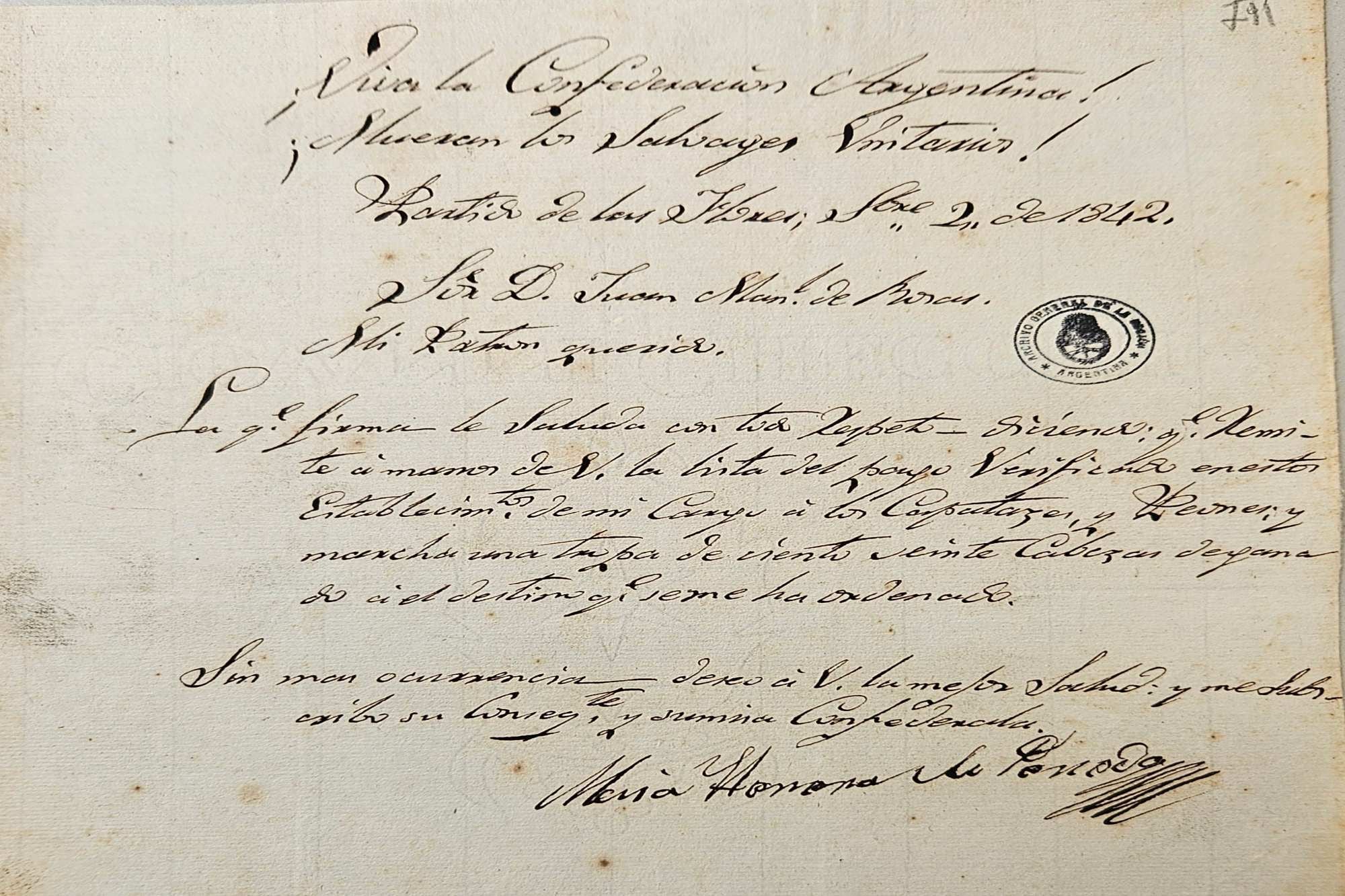 Carta de María Herrera de Peredo a Juan Manuel de Rosas