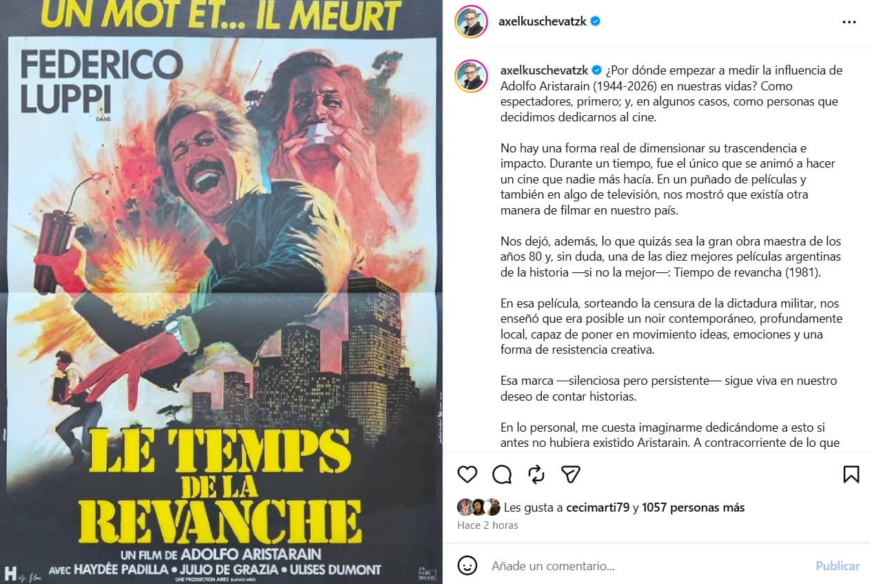 El posteo de Axel Kuschevatzky para homenajear a Adolfo Aristarain. (Foto: Instagram / AxelKuschevatzky)