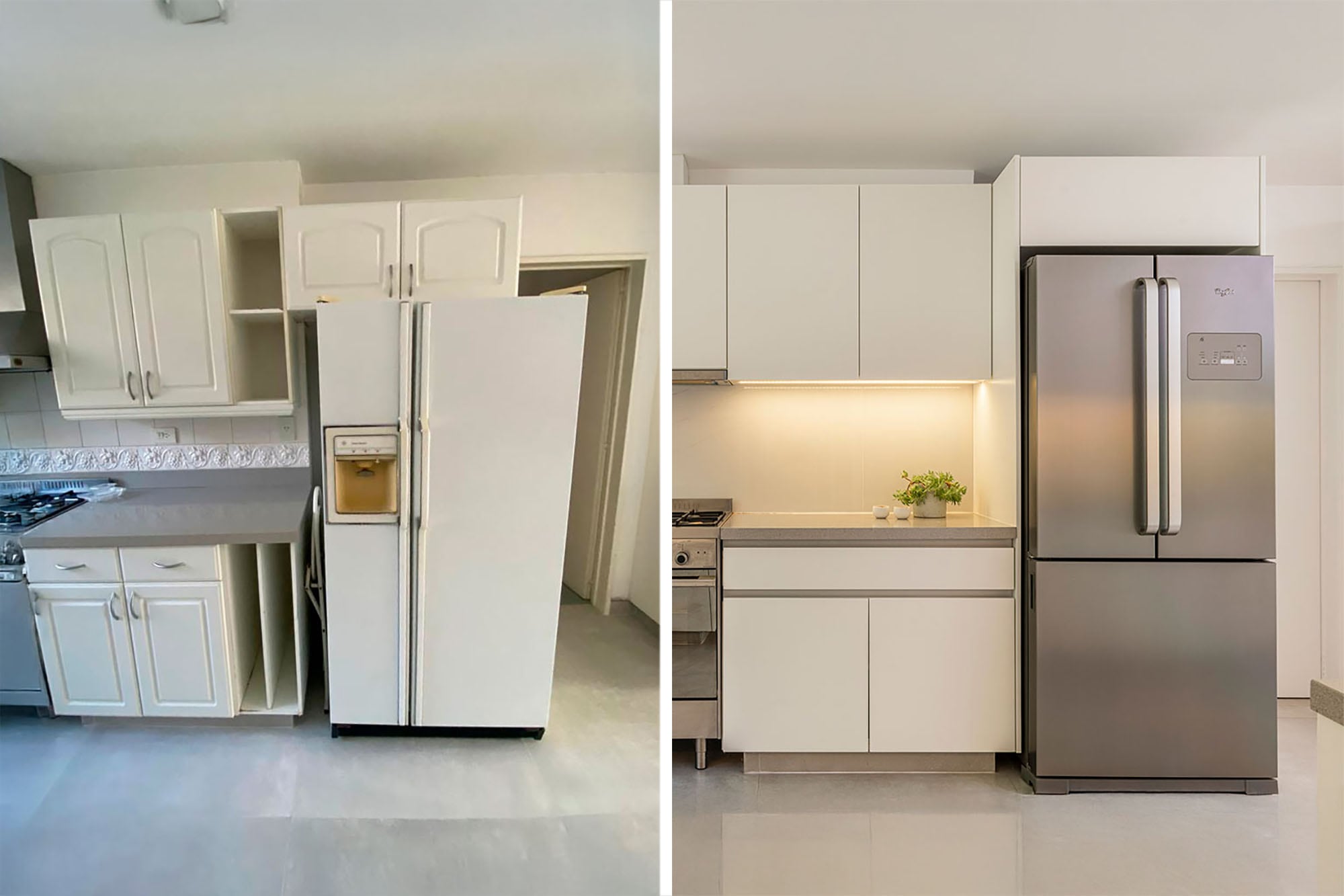 Antes y después de un restyling de cocina con muebles, revestimientos y electrodomésticos más modernos, sin modificar la estructura ni demoler