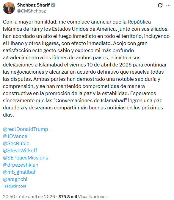 El primer ministro de Pakistán se refirió al alto el fuego alcanzado por Estados Unidos e Irán