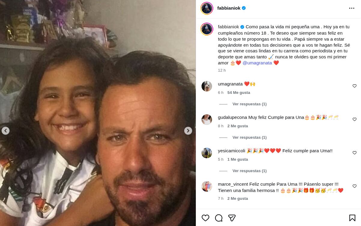 Cristian “Ogro” Fabbiani compartió un tierno posteo por los 18 años de su hija Uma (Foto: Captura Instagram / fabbianiok)