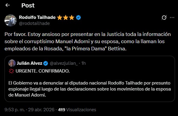 El Gobierno denunció a Rodolfo Tailhade por espionaje a Manuel Adorni, su esposa y sus hijos