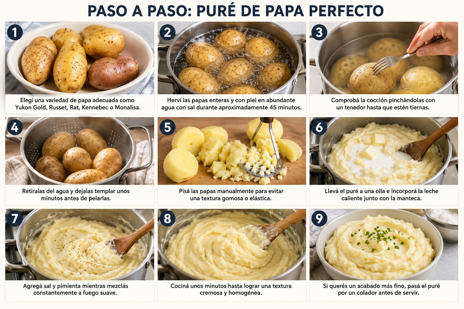 Imagen ilustrativa de cómo debería verse tu puré en cada paso. (Foto generada con IA)