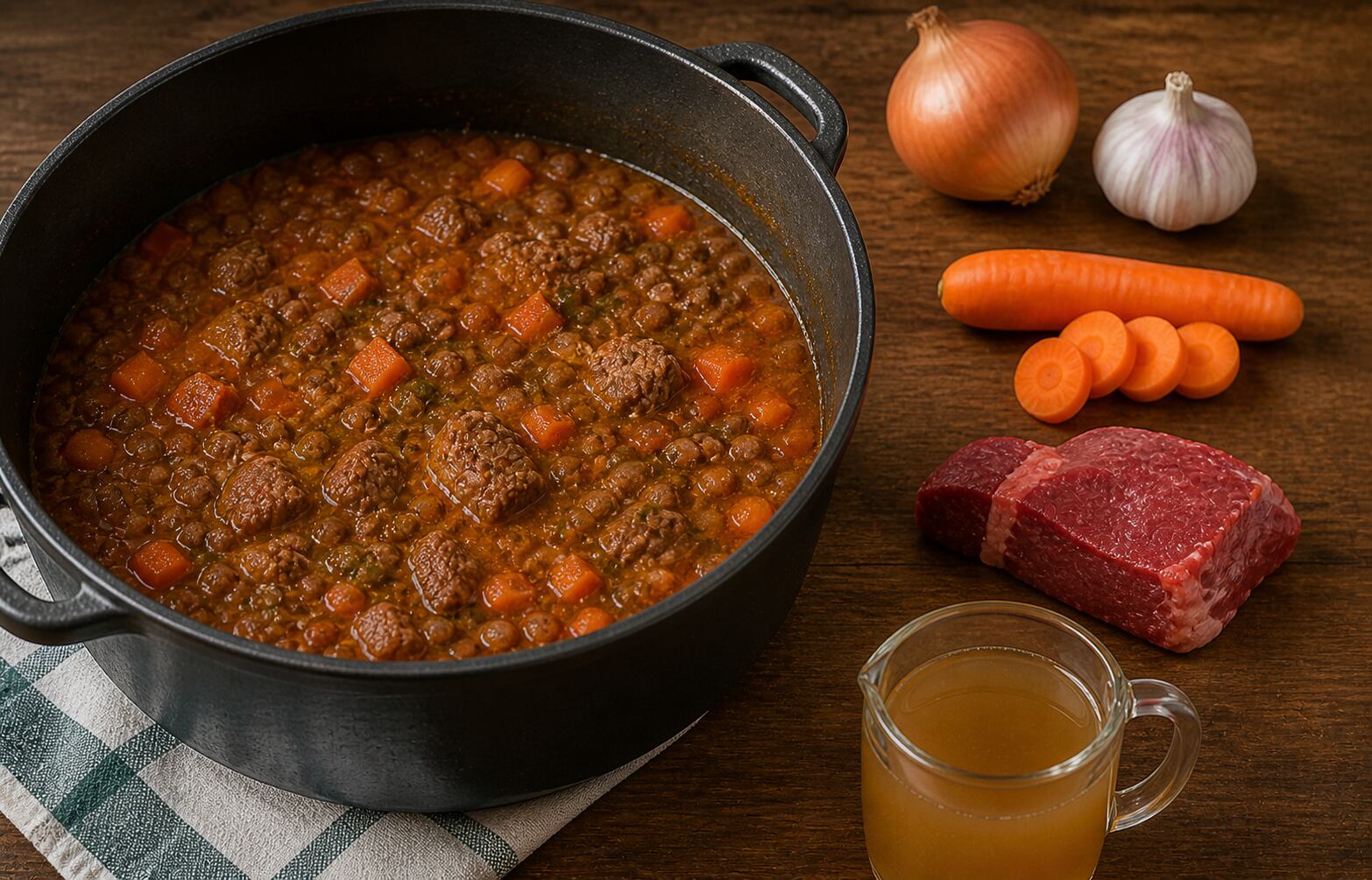 El sofrito de verduras, la carne y el caldo son esenciales para un buen guiso de lentejas. (Imagen ilustrativa generada con IA).