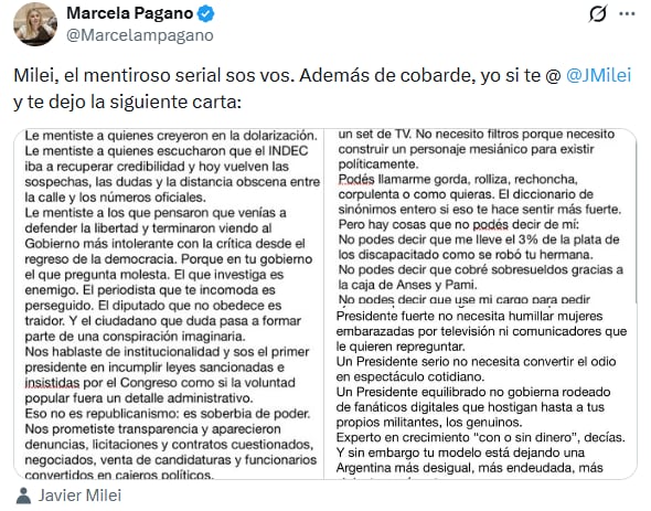 Marcela Pagano publicó un descargo frente a las críticas recibidas por parte de Javier Milei