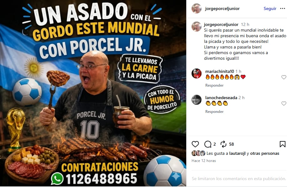 Jorge Porcel Jr. ofrece su presencia en asados.(Foto: Instagram/@jorgeporceljunior).