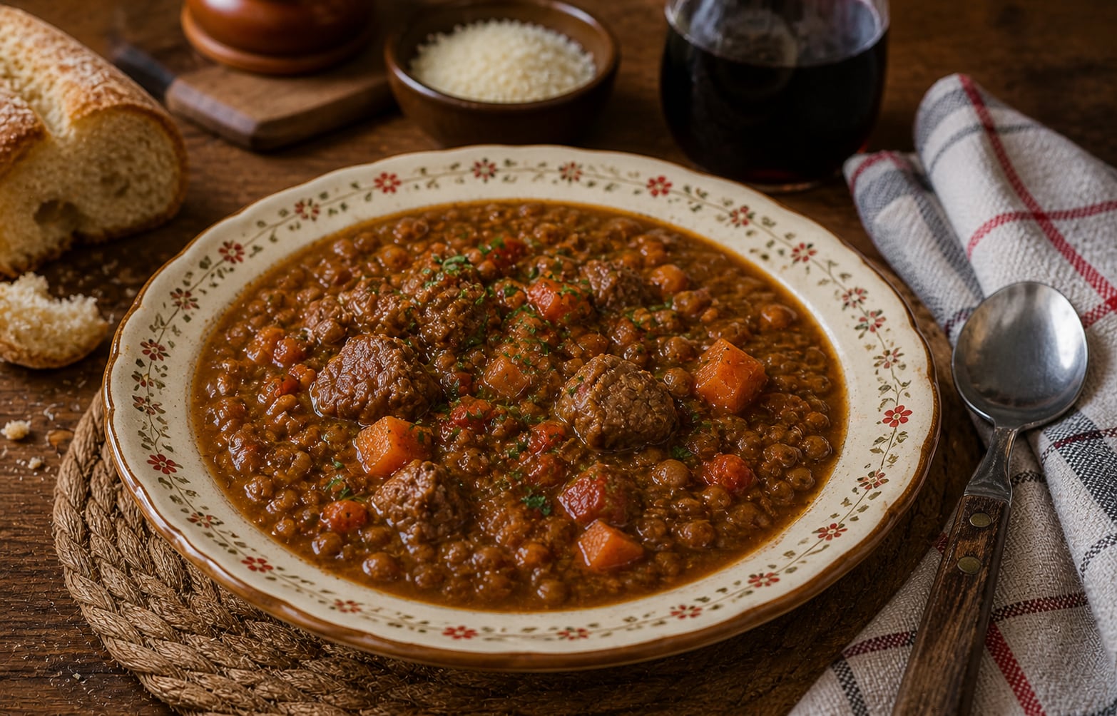 El guiso de lentejas es uno de los platos más tradicionales de la cocina argentina. (Imagen ilustrativa generada con IA).