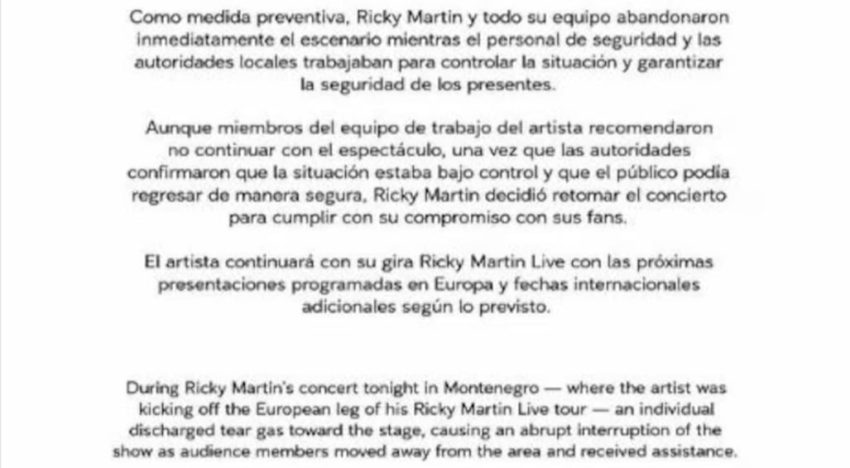 Tensión y caos en un show de Ricky Martin en Europa: arrojaron gas lacrimógeno y suspendieron el recital