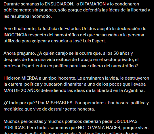 Javier Milei defendió a Espert, el diputado que renunció a su candidatura por sus vínculos con Machado