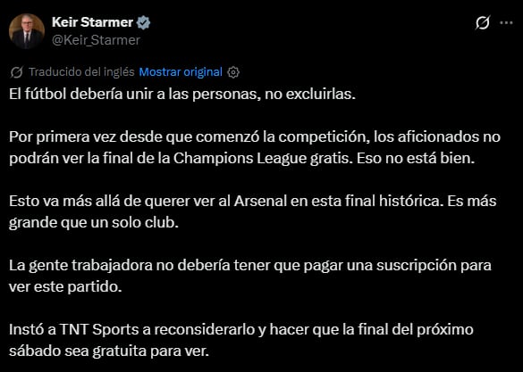 El tuit de Keir Starmer sobre la final de la Champions League