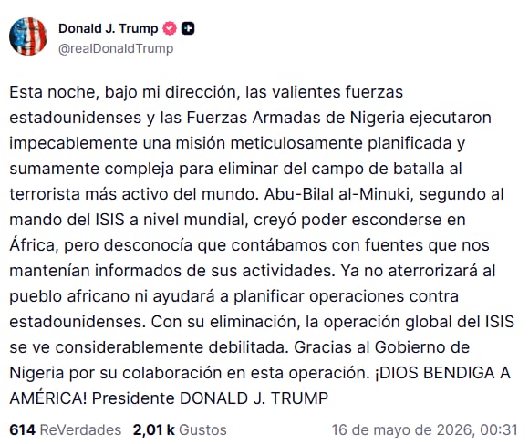 El posteo de Trump en la red social Truth