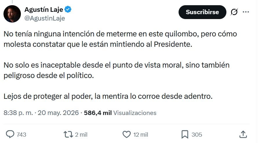 El tuit de Agustín Laje con el que toma partido en la interna libertaria