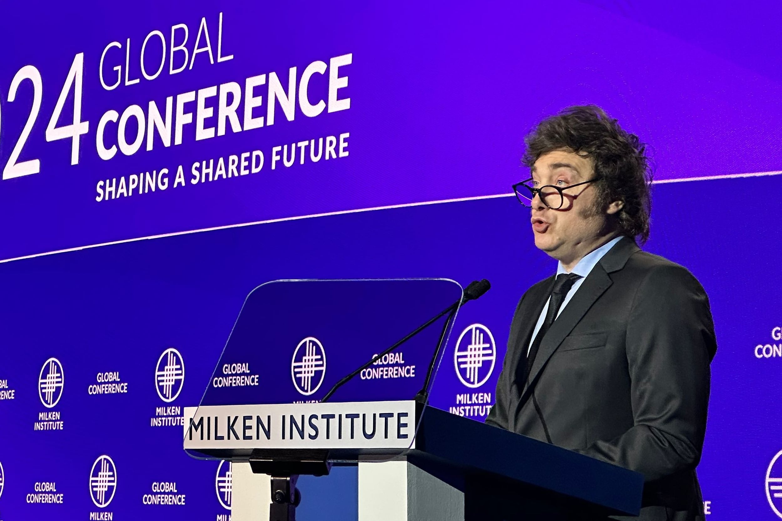 Javier Milei, en su disertación en la conferencia global del Instituto Milken, en 2024.