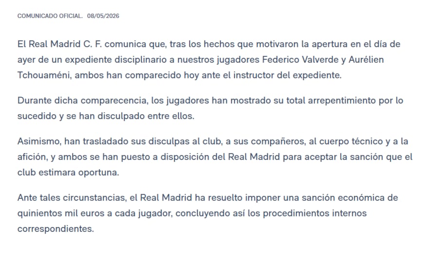 El comunicado oficial del club merengue