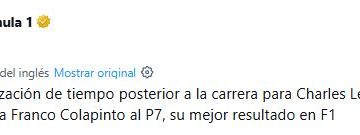 El posteo de la F1 para anunciar la posición que ganó Colapinto por la sanción a Leclerc en el GP de Miami