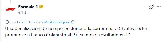 El posteo de la F1 para anunciar la posición que ganó Colapinto por la sanción a Leclerc en el GP de Miami